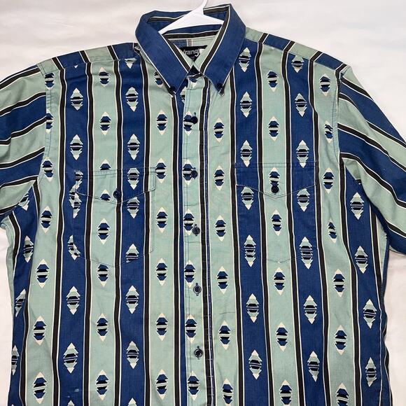Wrangler Western Shirt Size 16.5 x 35 Blue Striped Aztec Pearl Snap Cowboy Cut - Picture 6 of 13